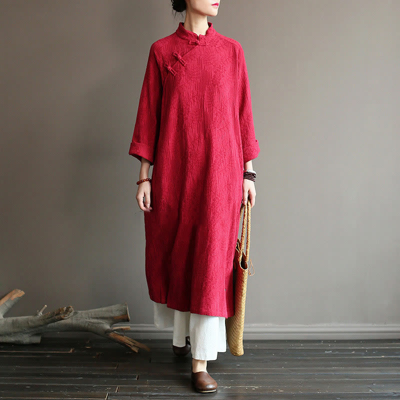 Buddha Stones Flower Jacquard Midikleid, langärmeliges Baumwoll-Leinen-Kleid, weite Hose mit Taschen - Rotes Kleid & Hose - US4-8/10, UK/AU8-12/14, EU36-40/42 (F) - image 17