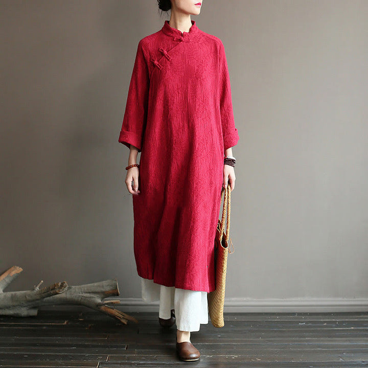 Buddha Stones Flower Jacquard Midikleid, langärmeliges Baumwoll-Leinen-Kleid, weite Hose mit Taschen - Rotes Kleid & Hose - US4-8/10, UK/AU8-12/14, EU36-40/42 (F) - image 17