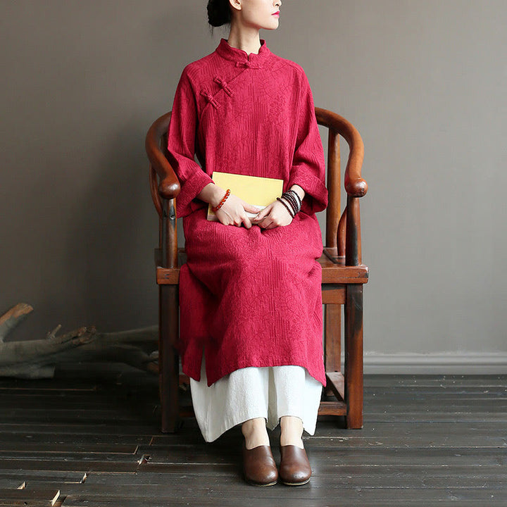 Buddha Stones Flower Jacquard Midikleid, langärmeliges Baumwoll-Leinen-Kleid, weite Hose mit Taschen - image 32
