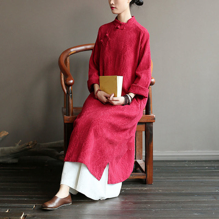 Buddha Stones Flower Jacquard Midikleid, langärmeliges Baumwoll-Leinen-Kleid, weite Hose mit Taschen - image 31