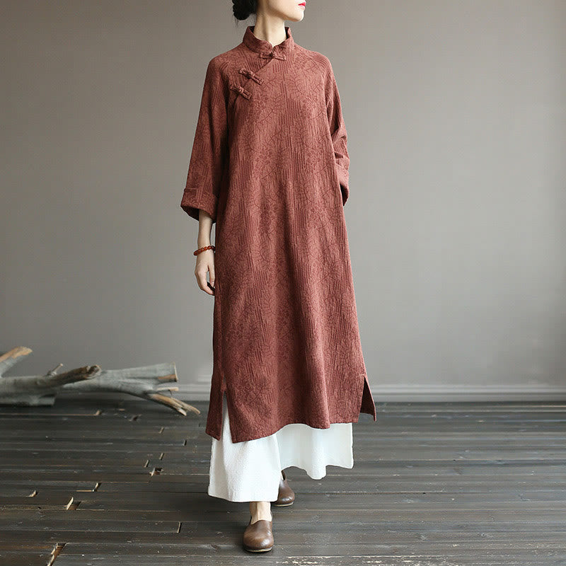 Buddha Stones Flower Jacquard Midikleid, langärmeliges Baumwoll-Leinen-Kleid, weite Hose mit Taschen - image 39