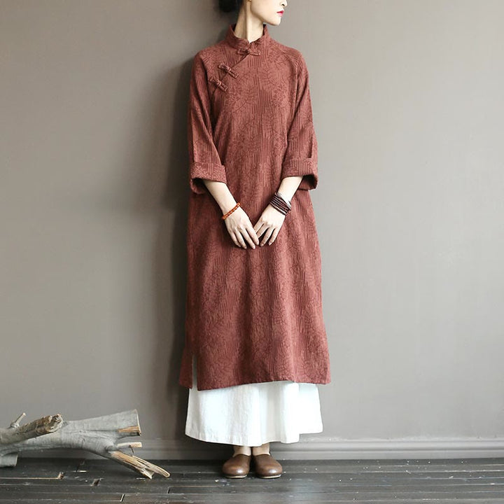 Buddha Stones Flower Jacquard Midikleid, langärmeliges Baumwoll-Leinen-Kleid, weite Hose mit Taschen - Braunes Kleid und Hose - US4-8/10, UK/AU8-12/14, EU36-40/42 (F) - image 33