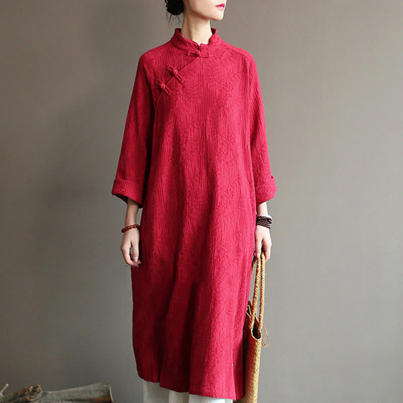 Buddha Stones Flower Jacquard Midikleid, langärmeliges Baumwoll-Leinen-Kleid, weite Hose mit Taschen - Rotes Kleid (nur Kleid) - US4-8/10, UK/AU8-12/14, EU36-40/42 (F) - image 43