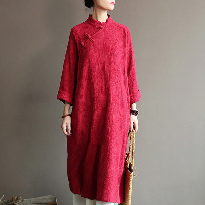 Buddha Stones Flower Jacquard Midikleid, langärmeliges Baumwoll-Leinen-Kleid, weite Hose mit Taschen - Rotes Kleid (nur Kleid) - US4-8/10, UK/AU8-12/14, EU36-40/42 (F) - image 43