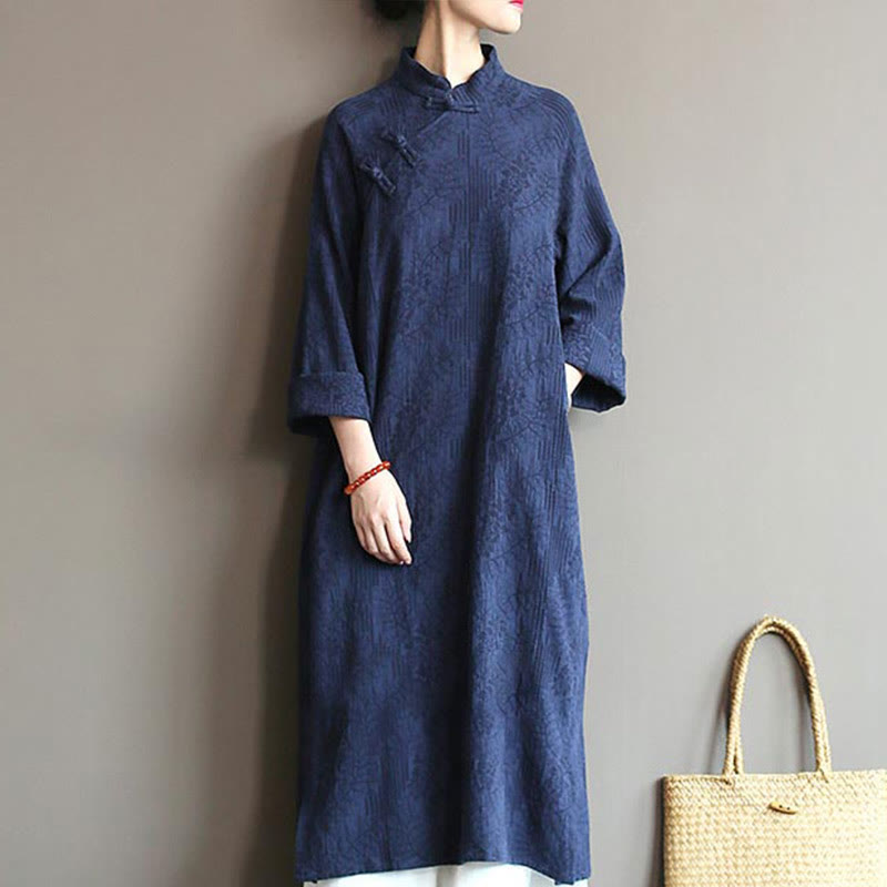 Buddha Stones Flower Jacquard Midikleid, langärmeliges Baumwoll-Leinen-Kleid, weite Hose mit Taschen - Blaues Kleid (nur Kleid) - US4-8/10, UK/AU8-12/14, EU36-40/42 (F) - image 41