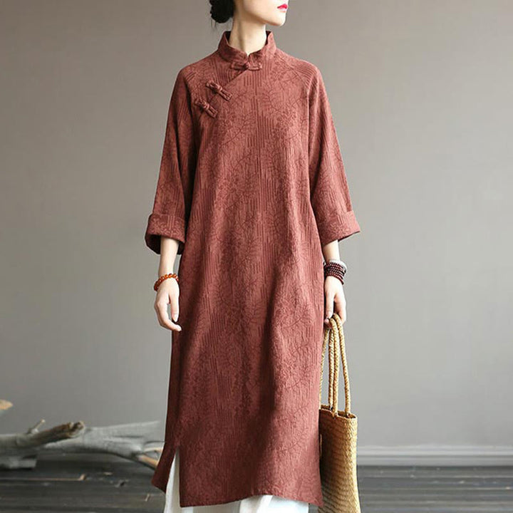 Buddha Stones Flower Jacquard Midikleid, langärmeliges Baumwoll-Leinen-Kleid, weite Hose mit Taschen - Braunes Kleid (nur Kleid) - US4-8/10, UK/AU8-12/14, EU36-40/42 (F) - image 45