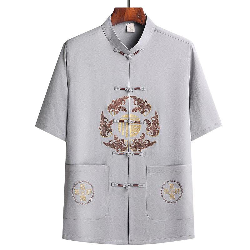 Buddha Stones Fu Charakter Tang Anzug Hanfu Traditionelle Uniform Kurzarm Oberteil Hosen Kleidung Herren Set - image 6