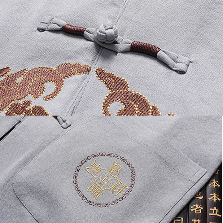 Buddha Stones Fu Charakter Tang Anzug Hanfu Traditionelle Uniform Kurzarm Oberteil Hosen Kleidung Herren Set - image 12
