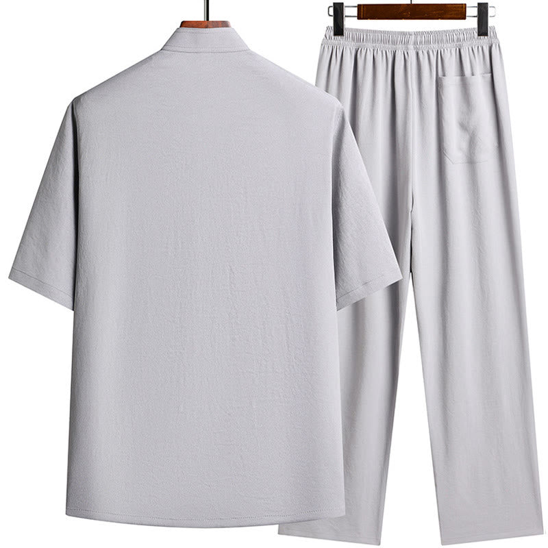 Buddha Stones Fu Charakter Tang Anzug Hanfu Traditionelle Uniform Kurzarm Oberteil Hosen Kleidung Herren Set - image 5