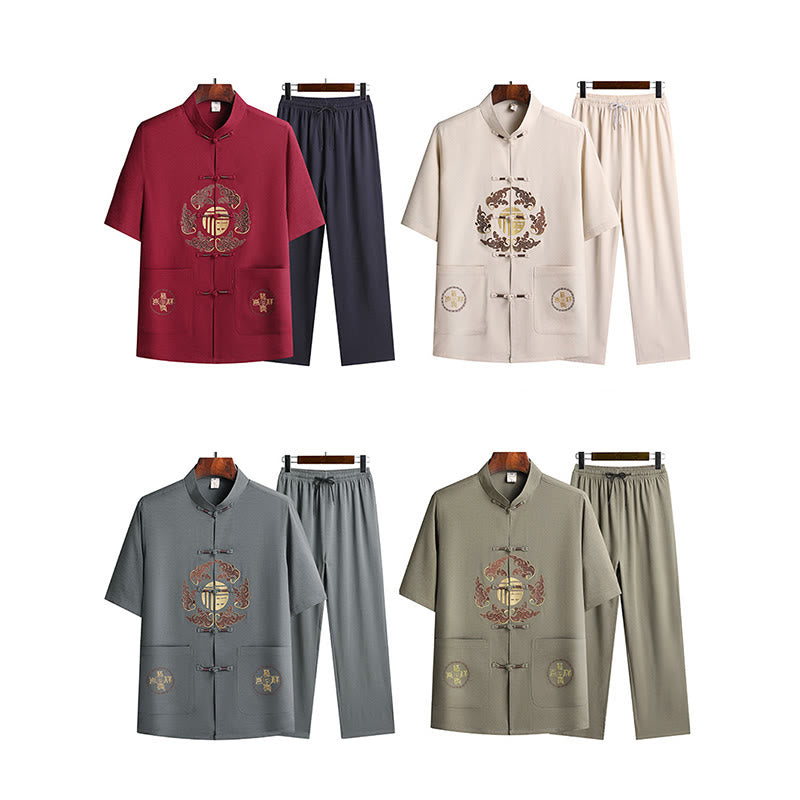 Buddha Stones Fu Charakter Tang Anzug Hanfu Traditionelle Uniform Kurzarm Oberteil Hosen Kleidung Herren Set - image 1