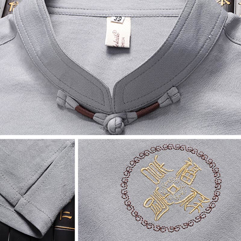 Buddha Stones Fu Charakter Tang Anzug Hanfu Traditionelle Uniform Kurzarm Oberteil Hosen Kleidung Herren Set - image 8