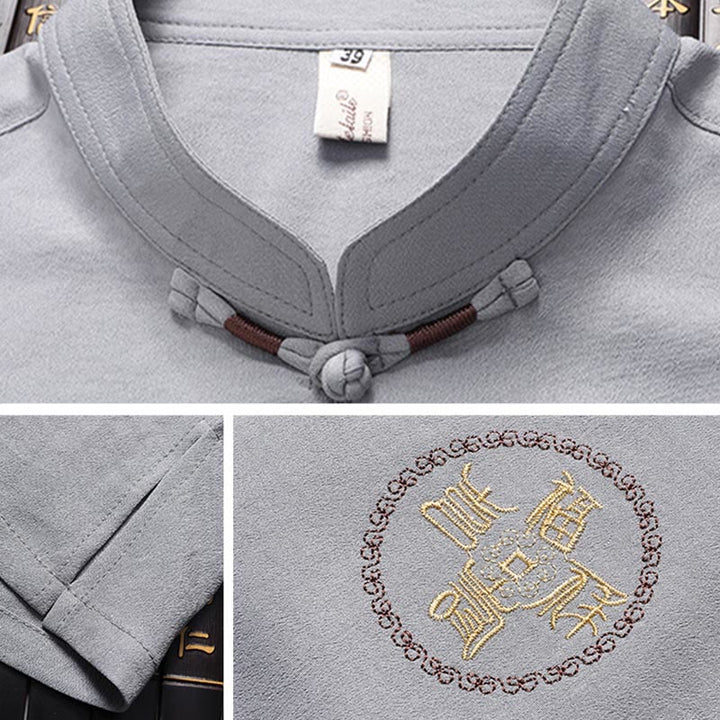 Buddha Stones Fu Charakter Tang Anzug Hanfu Traditionelle Uniform Kurzarm Oberteil Hosen Kleidung Herren Set - image 8