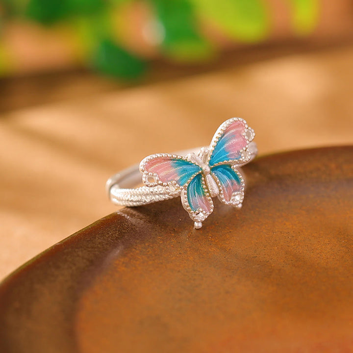 Buddha Stones 999 Sterling Silber Blau Rosa Schmetterling Liebe Freiheit Ring