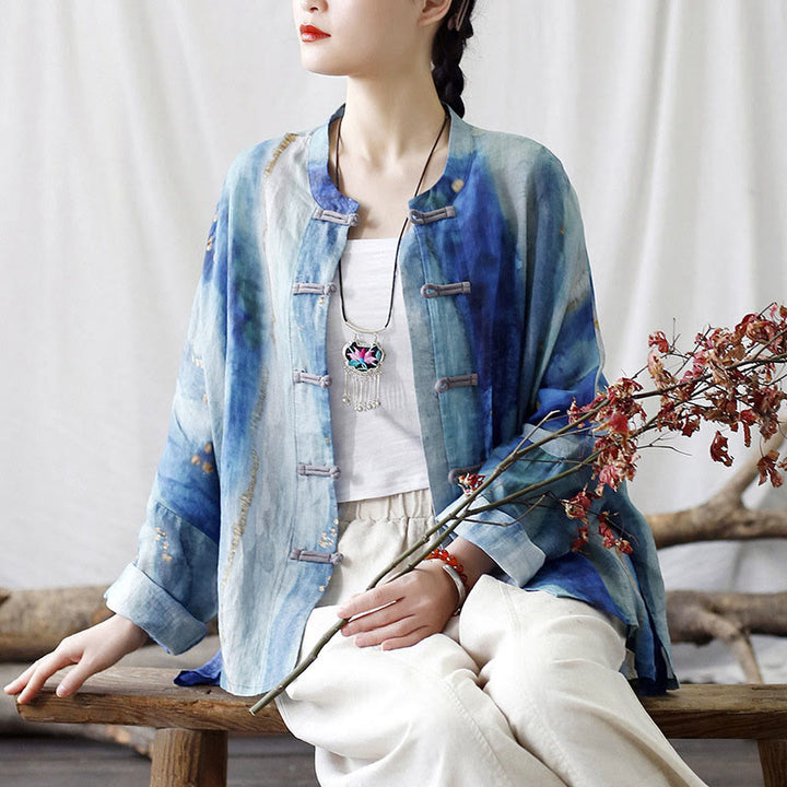 Buddha Stones Blau Weiß Beige Kleine Blume Froschknopf Design Langarm Ramie Leinen Jacke Hemd