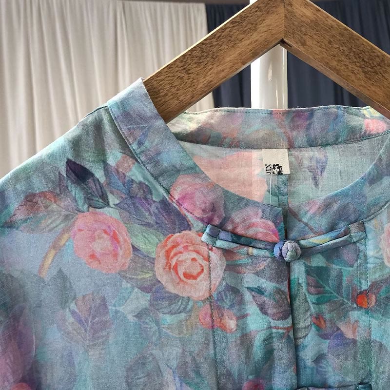 Buddha-Steine, rosa Blumen, grüne Blätter, Druck, Froschknopf-Design, langärmeliges Ramie-Leinen-Jackenhemd - image 10