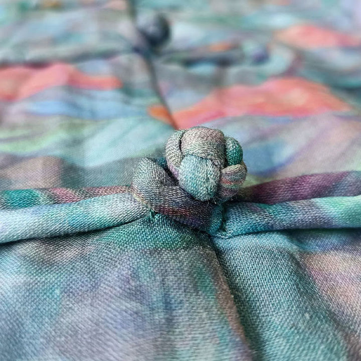 Buddha-Steine, rosa Blumen, grüne Blätter, Druck, Froschknopf-Design, langärmeliges Ramie-Leinen-Jackenhemd - image 13