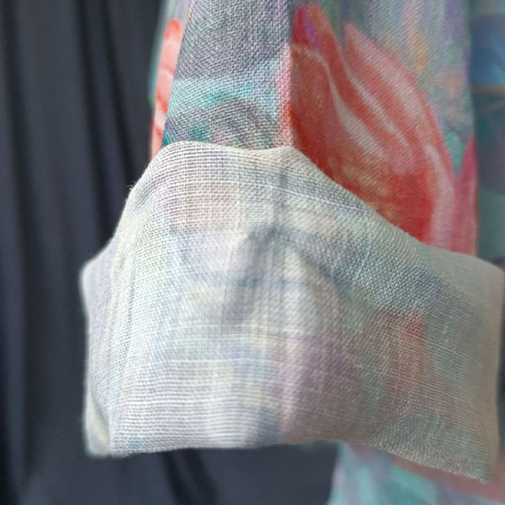 Buddha-Steine, rosa Blumen, grüne Blätter, Druck, Froschknopf-Design, langärmeliges Ramie-Leinen-Jackenhemd - image 14