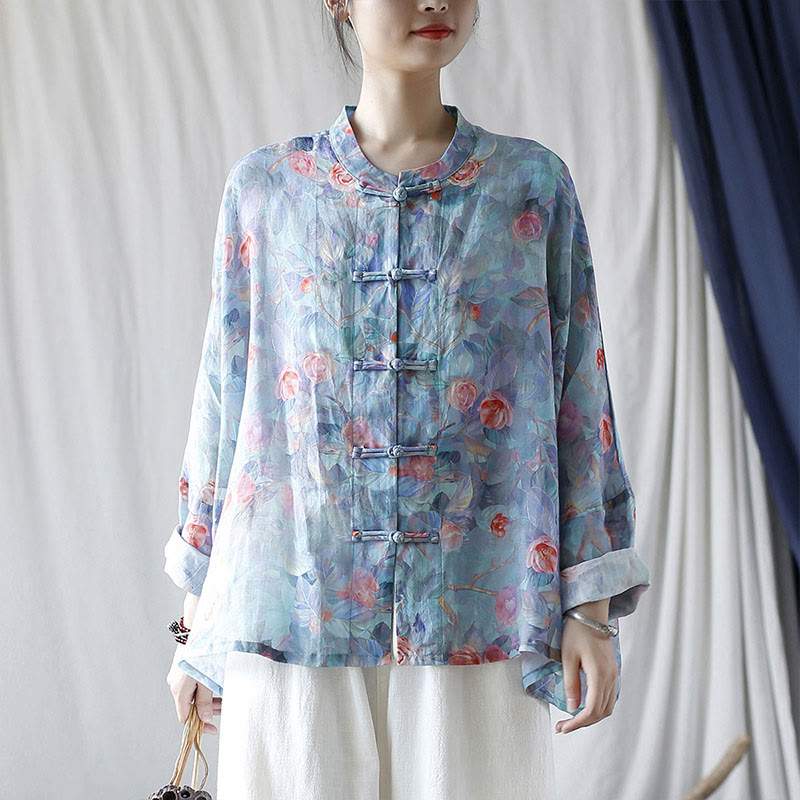 Buddha-Steine, rosa Blumen, grüne Blätter, Druck, Froschknopf-Design, langärmeliges Ramie-Leinen-Jackenhemd - Blau (passend für US4-14; UK/AU8-18; EU36-46) (nur Jacke) - image 0