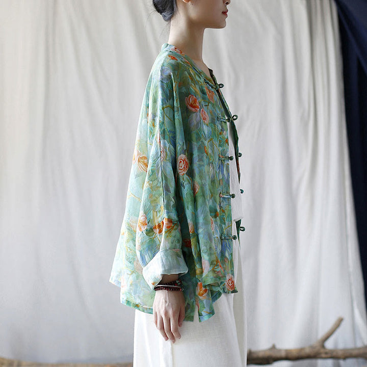 Buddha-Steine, rosa Blumen, grüne Blätter, Druck, Froschknopf-Design, langärmeliges Ramie-Leinen-Jackenhemd - image 32