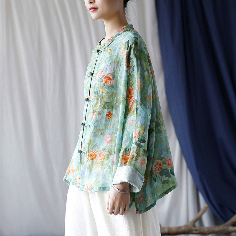 Buddha-Steine, rosa Blumen, grüne Blätter, Druck, Froschknopf-Design, langärmeliges Ramie-Leinen-Jackenhemd - image 33