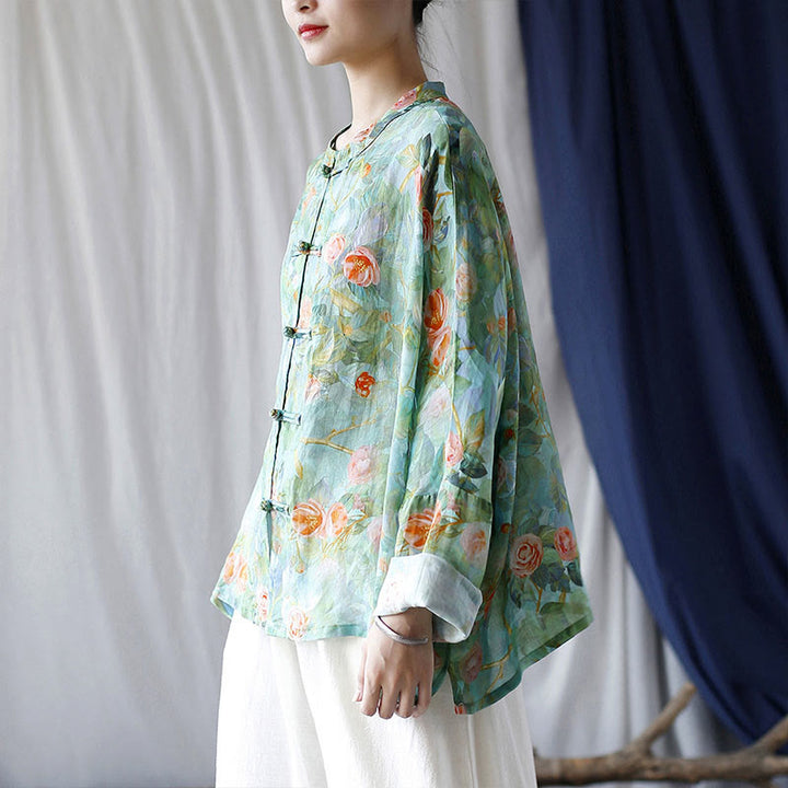 Buddha-Steine, rosa Blumen, grüne Blätter, Druck, Froschknopf-Design, langärmeliges Ramie-Leinen-Jackenhemd - image 33