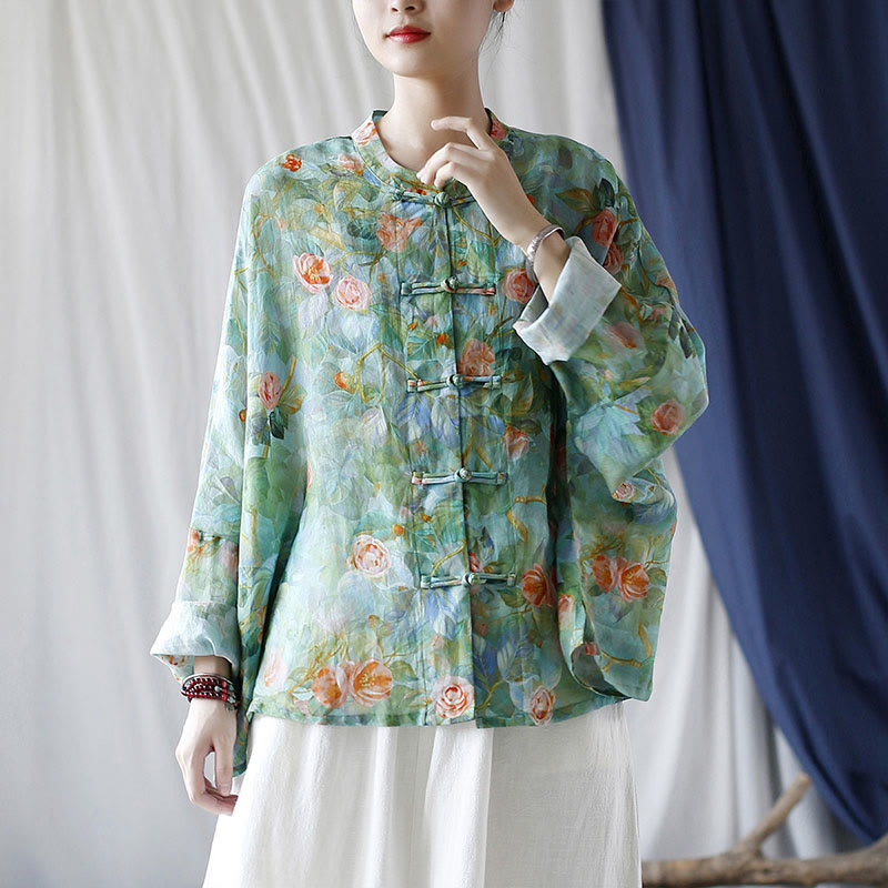 Buddha-Steine, rosa Blumen, grüne Blätter, Druck, Froschknopf-Design, langärmeliges Ramie-Leinen-Jackenhemd - image 39