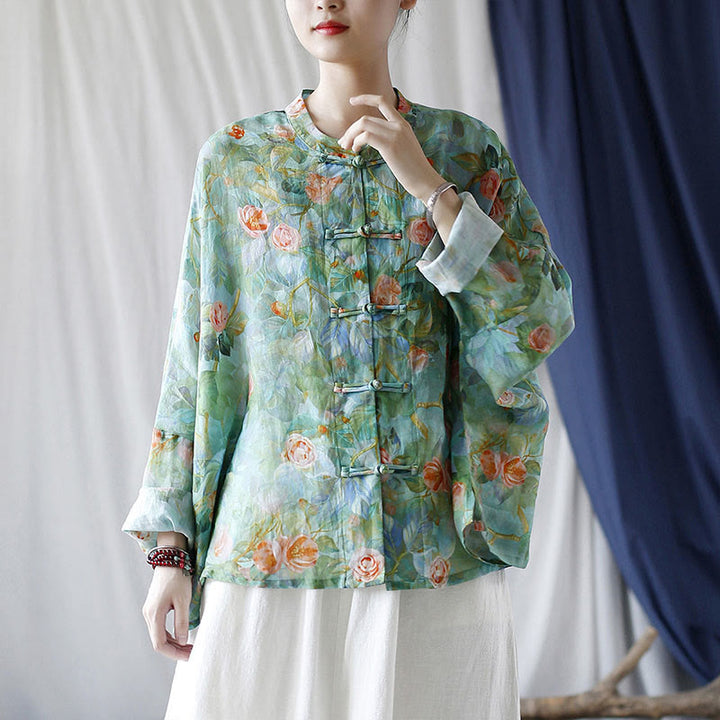 Buddha-Steine, rosa Blumen, grüne Blätter, Druck, Froschknopf-Design, langärmeliges Ramie-Leinen-Jackenhemd - image 39