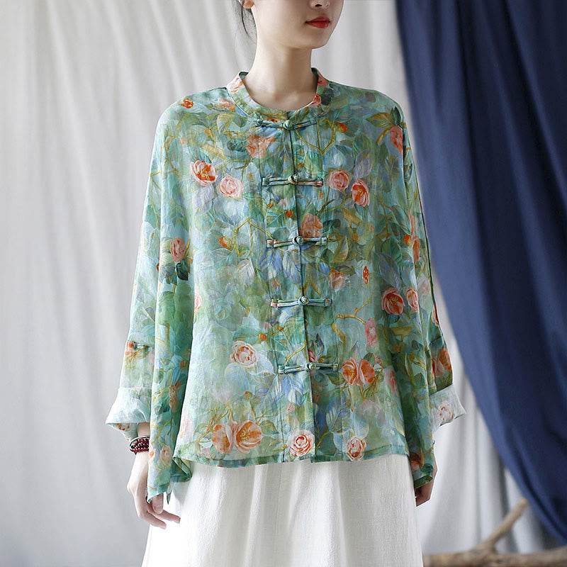 Buddha-Steine, rosa Blumen, grüne Blätter, Druck, Froschknopf-Design, langärmeliges Ramie-Leinen-Jackenhemd - image 30