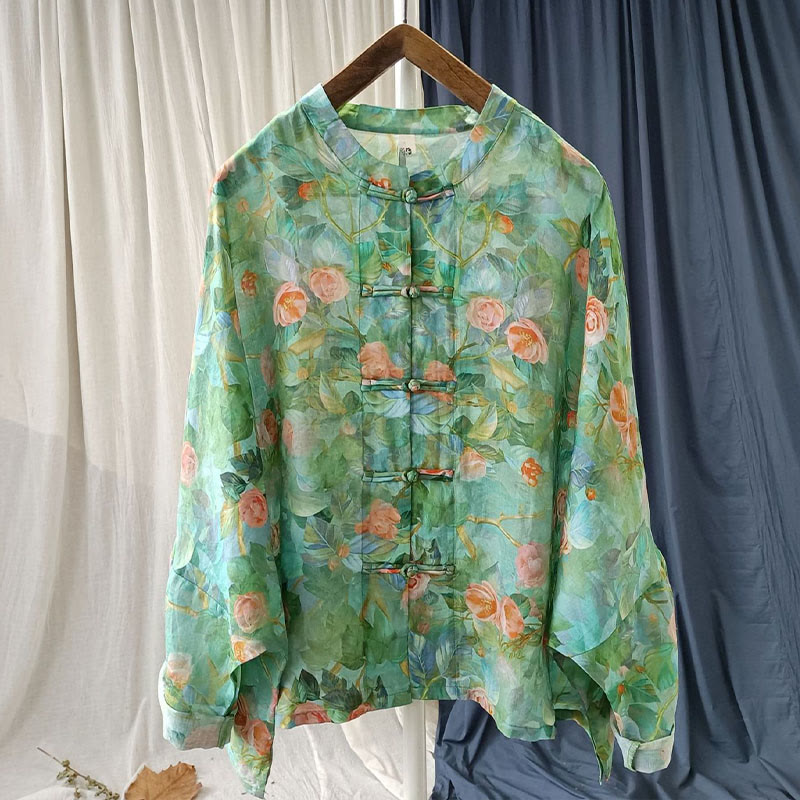 Buddha-Steine, rosa Blumen, grüne Blätter, Druck, Froschknopf-Design, langärmeliges Ramie-Leinen-Jackenhemd - image 47