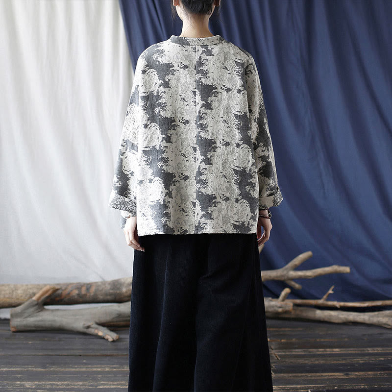 Buddha Stones Schwarz-Grau-Druck Froschknopf-Design Langärmliges Baumwoll-Leinen-Jackenhemd mit Taschen - image 31