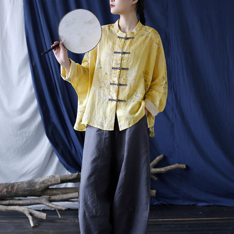 Buddha Stones Gelber Phönix-Druck Froschknopf-Design Langärmliges Ramie-Leinen-Jackenhemd - image 20