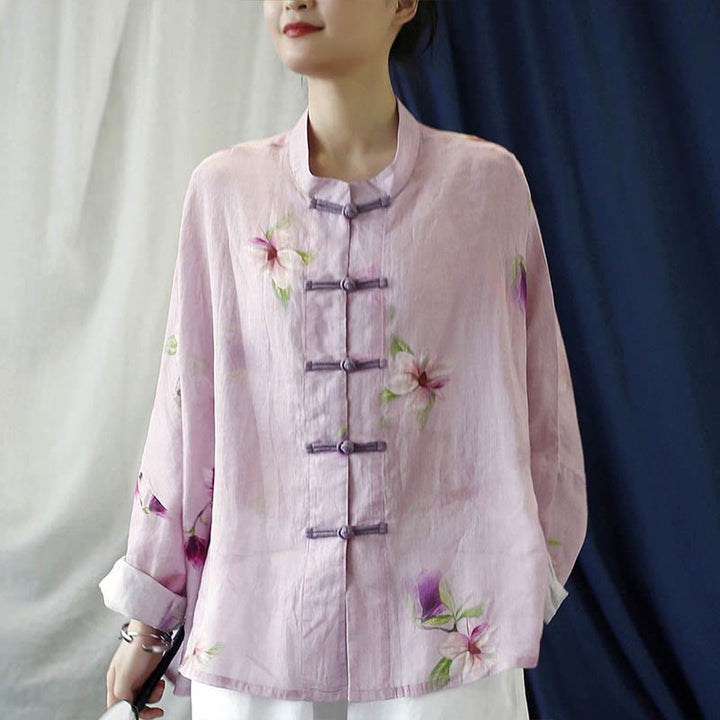 Buddha Stones Rosa Blumendruck Froschknopf Design Fledermausärmel Langarm Ramie Leinen Jacke Hemd - image 7