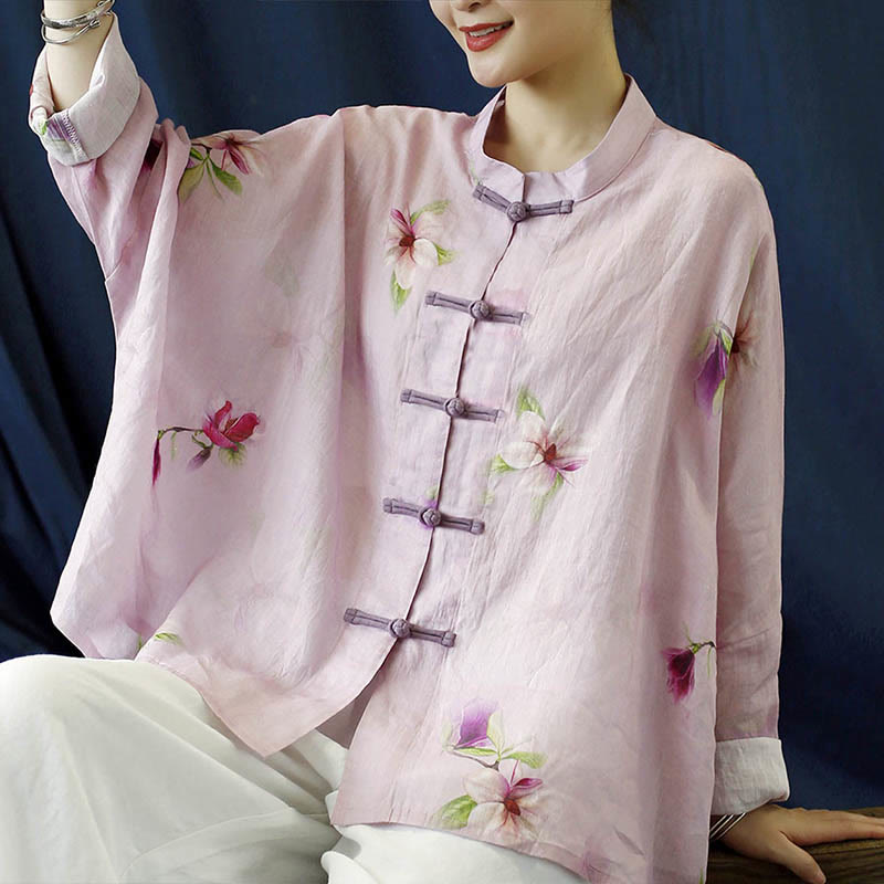 Buddha Stones Rosa Blumendruck Froschknopf Design Fledermausärmel Langarm Ramie Leinen Jacke Hemd - Kurzer Stil mit rosa Blumenmuster (passend für US4–14; UK/AU8–18; EU36–46) (nur Jacke) - image 0