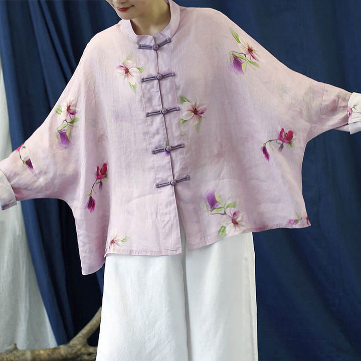 Buddha Stones Rosa Blumendruck Froschknopf Design Fledermausärmel Langarm Ramie Leinen Jacke Hemd - image 6