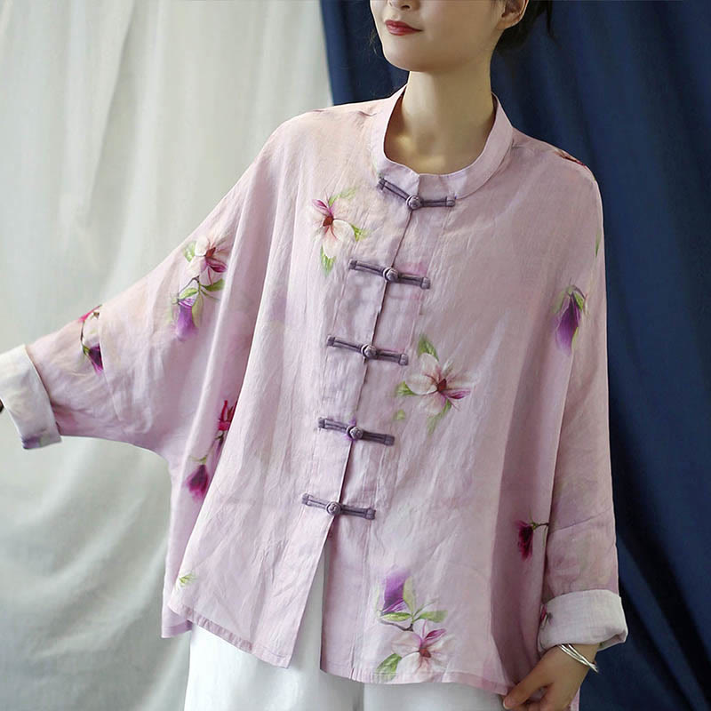 Buddha Stones Rosa Blumendruck Froschknopf Design Fledermausärmel Langarm Ramie Leinen Jacke Hemd - image 1