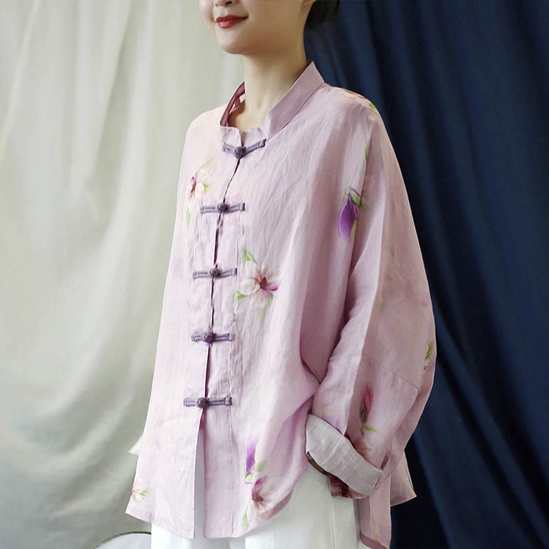 Buddha Stones Rosa Blumendruck Froschknopf Design Fledermausärmel Langarm Ramie Leinen Jacke Hemd - image 2