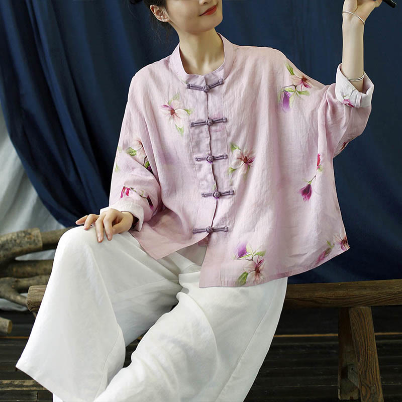 Buddha Stones Rosa Blumendruck Froschknopf Design Fledermausärmel Langarm Ramie Leinen Jacke Hemd - image 15
