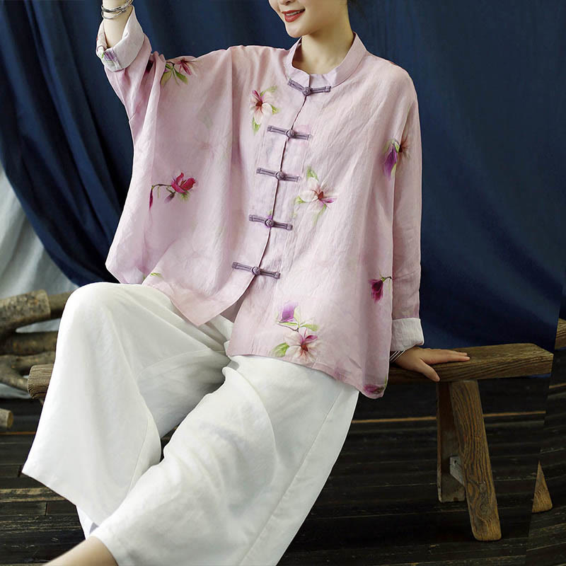 Buddha Stones Rosa Blumendruck Froschknopf Design Fledermausärmel Langarm Ramie Leinen Jacke Hemd - image 16
