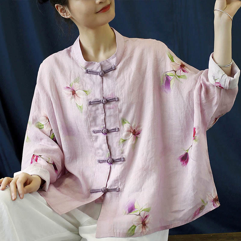 Buddha Stones Rosa Blumendruck Froschknopf Design Fledermausärmel Langarm Ramie Leinen Jacke Hemd - image 11