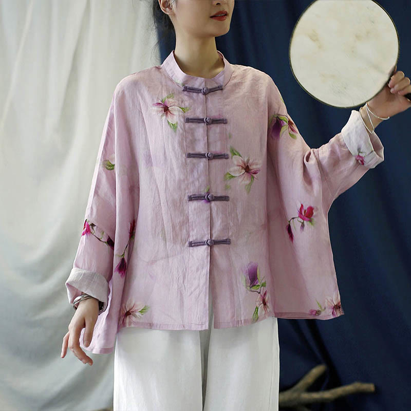 Buddha Stones Rosa Blumendruck Froschknopf Design Fledermausärmel Langarm Ramie Leinen Jacke Hemd - image 13