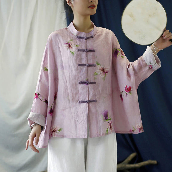 Buddha Stones Rosa Blumendruck Froschknopf Design Fledermausärmel Langarm Ramie Leinen Jacke Hemd - image 13
