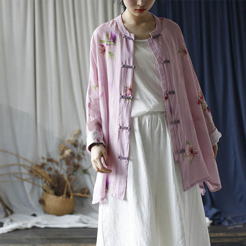 Buddha Stones Rosa Blumendruck Froschknopf Design Fledermausärmel Langarm Ramie Leinen Jacke Hemd - Rosa Blumen, langer Stil (passend für US4–14; UK/AU8–18; EU36–46) (nur Jacke) - image 17