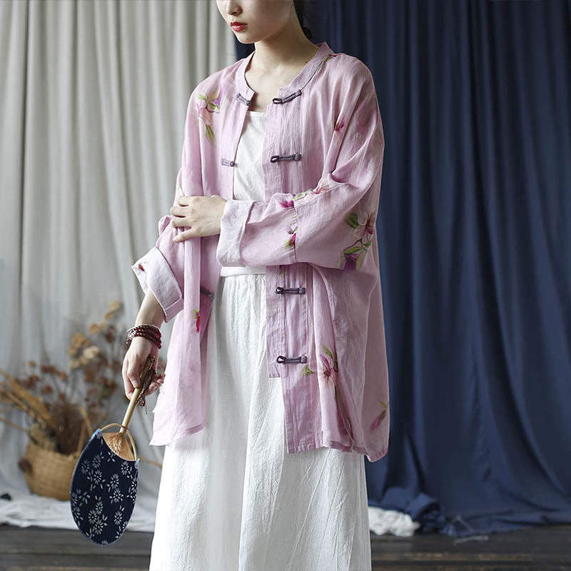 Buddha Stones Rosa Blumendruck Froschknopf Design Fledermausärmel Langarm Ramie Leinen Jacke Hemd - image 24