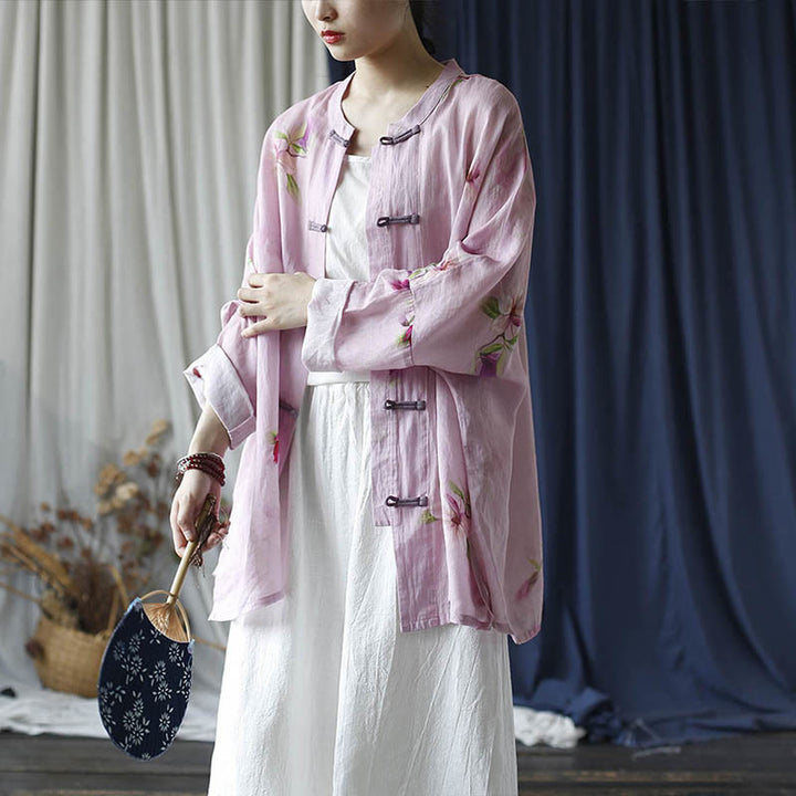 Buddha Stones Rosa Blumendruck Froschknopf Design Fledermausärmel Langarm Ramie Leinen Jacke Hemd - image 24