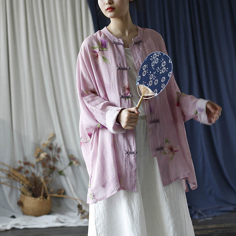 Buddha Stones Rosa Blumendruck Froschknopf Design Fledermausärmel Langarm Ramie Leinen Jacke Hemd - image 25