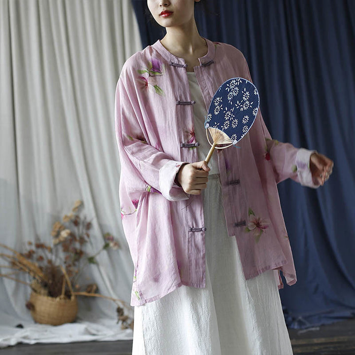 Buddha Stones Rosa Blumendruck Froschknopf Design Fledermausärmel Langarm Ramie Leinen Jacke Hemd - image 25