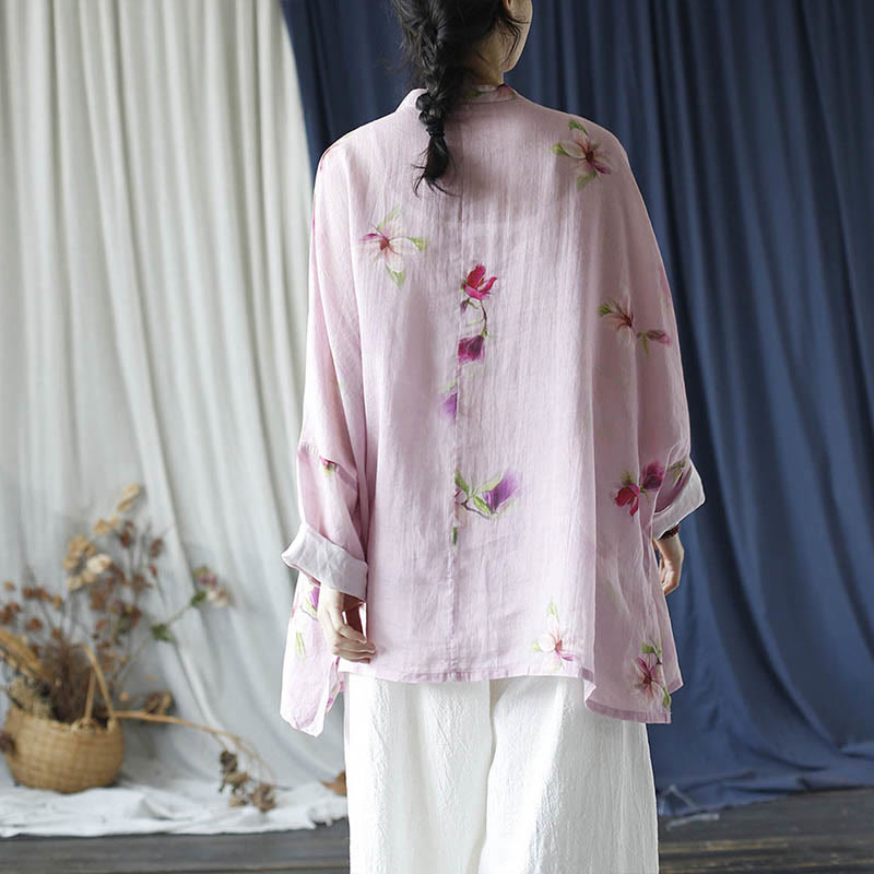 Buddha Stones Rosa Blumendruck Froschknopf Design Fledermausärmel Langarm Ramie Leinen Jacke Hemd - image 19