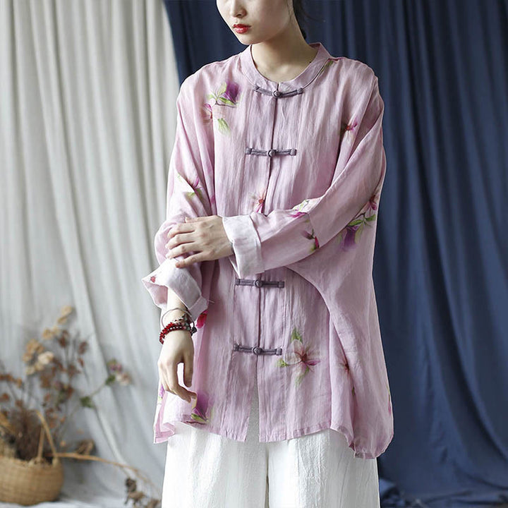 Buddha Stones Rosa Blumendruck Froschknopf Design Fledermausärmel Langarm Ramie Leinen Jacke Hemd - image 27