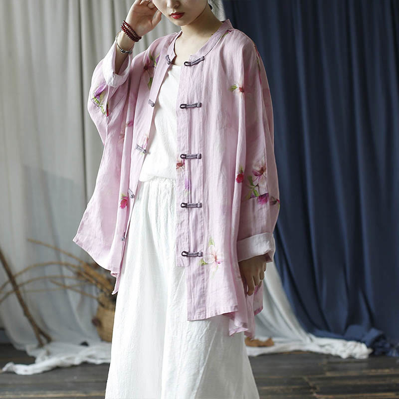Buddha Stones Rosa Blumendruck Froschknopf Design Fledermausärmel Langarm Ramie Leinen Jacke Hemd - image 23