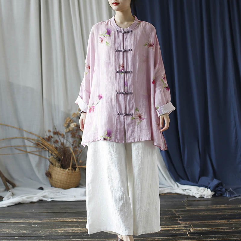 Buddha Stones Rosa Blumendruck Froschknopf Design Fledermausärmel Langarm Ramie Leinen Jacke Hemd - image 38